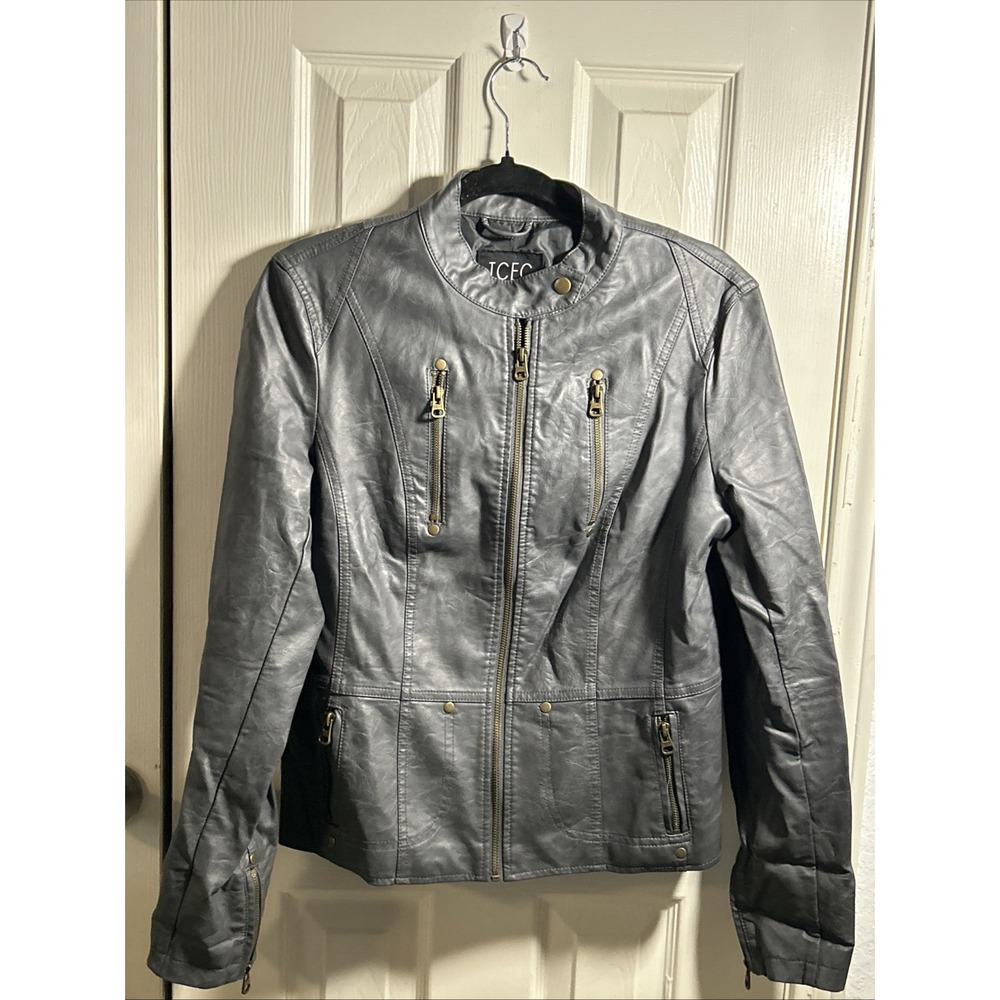 TCEC Faux Leather Jacket Women's Size L Gray‎ Zip